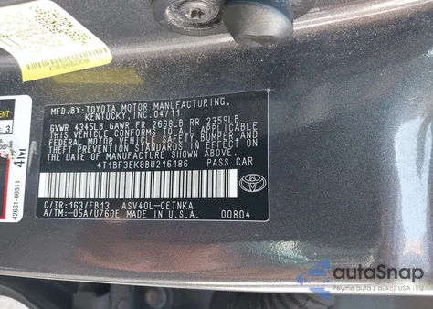 2011 Toyota Camry Le from USA, damaged, VIN 4T1BF3EK8BU216186